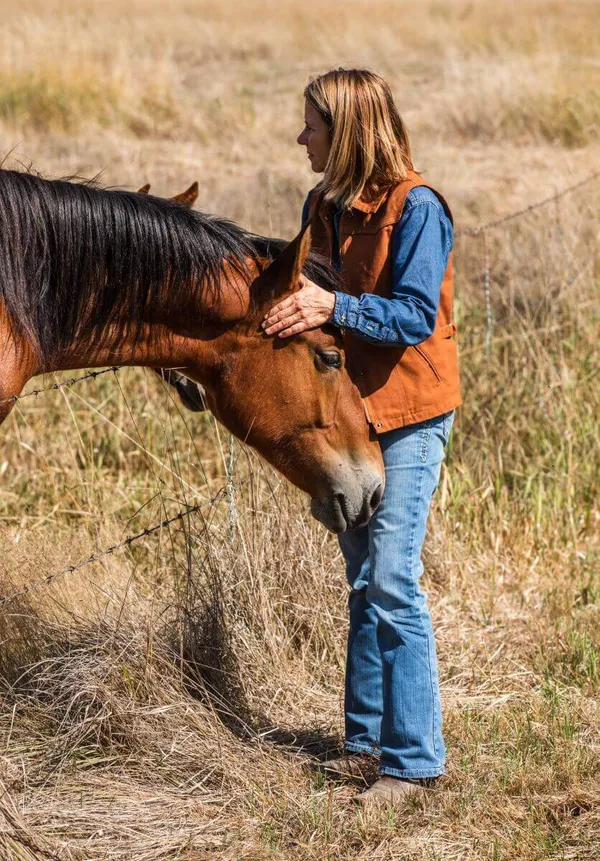 woman rubbing a horse's ears as he relaxes and rests his nose on her legs