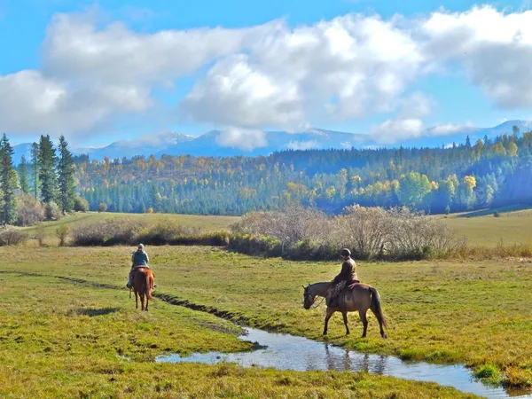 Two riders cross a creek in a wide meadow with fall colors and mountains behind