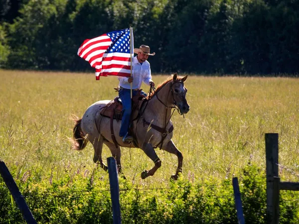 Cowboy running an Appaloosa Gelding through a green field while holding a waving American flag