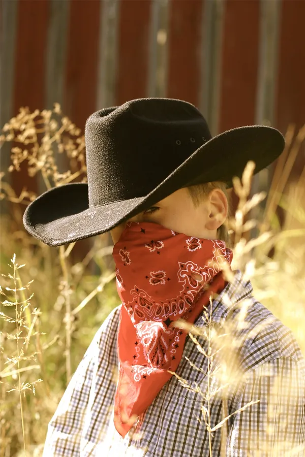 A small boy in a black cowboy hat with a red bandana over his face