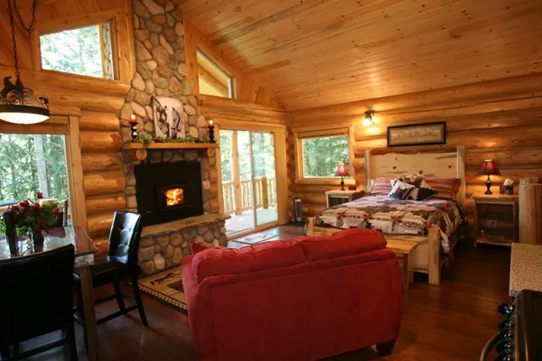 Meadow View cabin main floor with a stone fireplace, red sofa and log bed