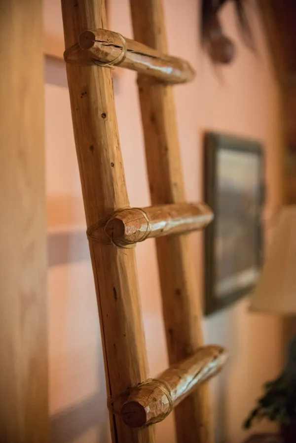 Close up of a peeled-log ladder against a wall