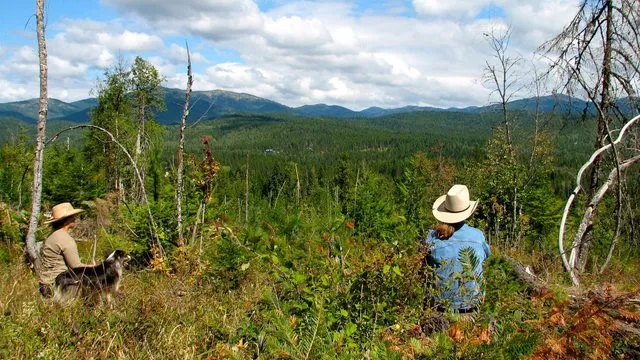two women sitting in huckleberry brush Looking out on the mountains