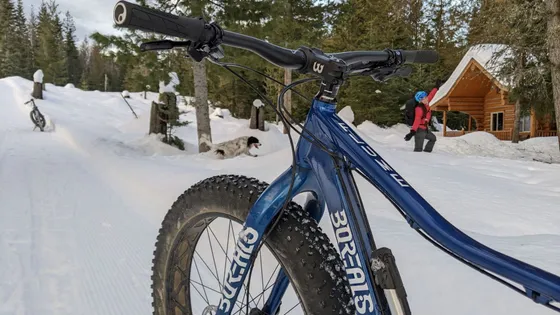 A blue fat-tire bike on a groomed snow trail, with a rider waving in front of a log cabin and a dog running past
