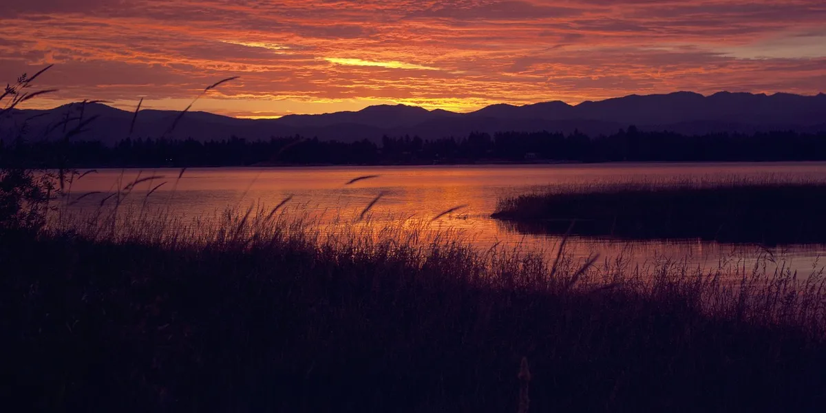Sunset view of water, mountains and marsh grasses