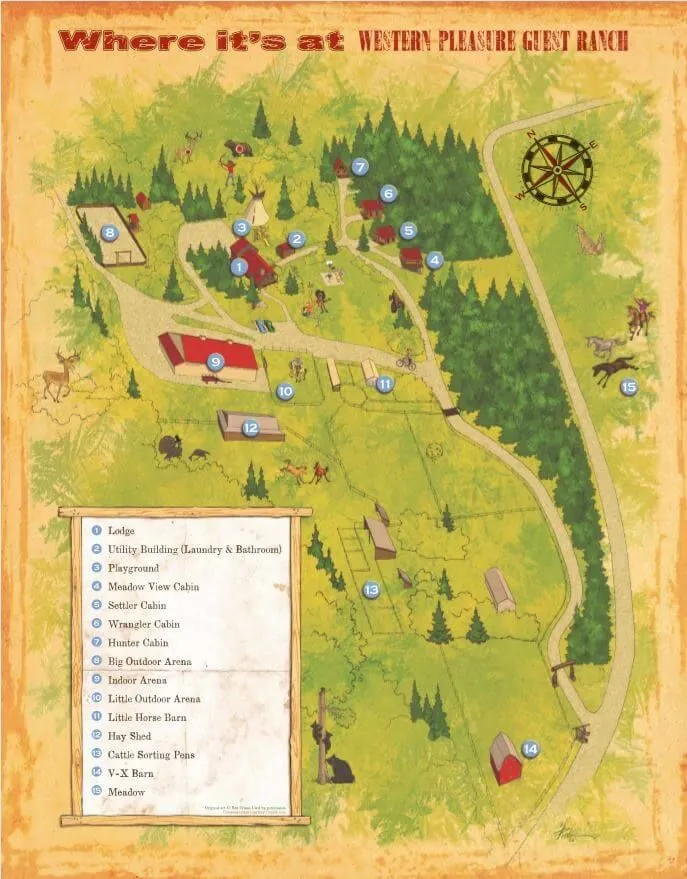 cartoon map of the grounds at Western Pleasure Guest Ranch with a labeled list of site names