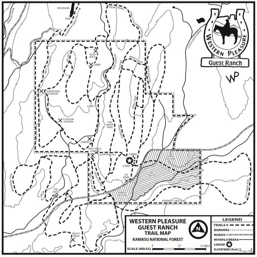 Map showing the trails and topography at Western Pleasure Guest Ranch