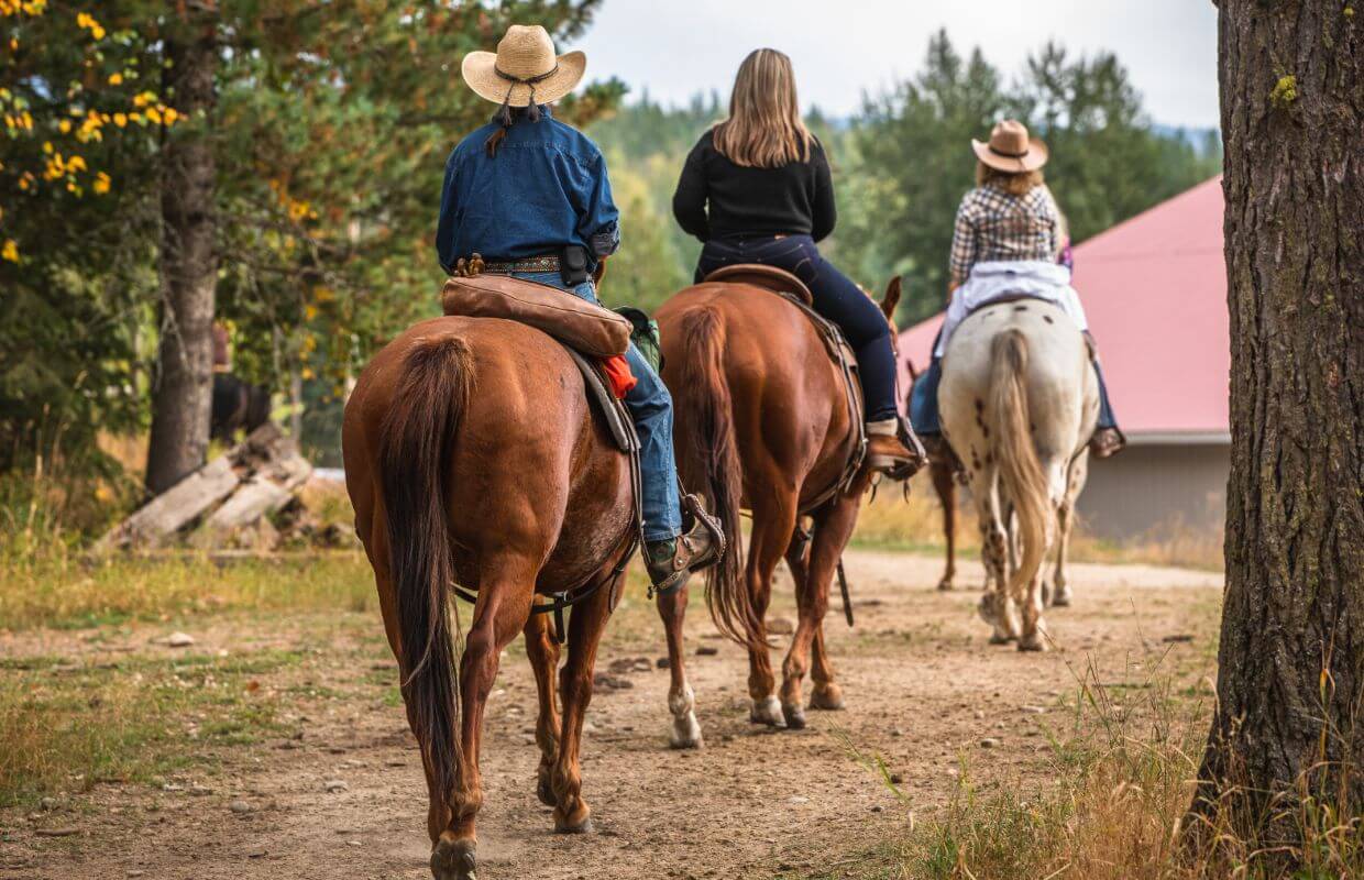 women riding horses back to the barn at Western Pleasure Guest Ranch